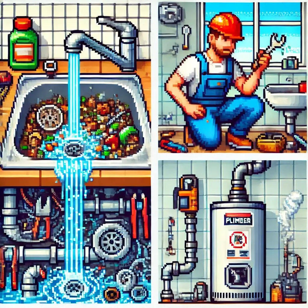 Pixel art of a plumber repairing a burst pipe under a sink with water spraying and tools nearby. The 5 Plumbing Nightmares You Can Avoid Today!
