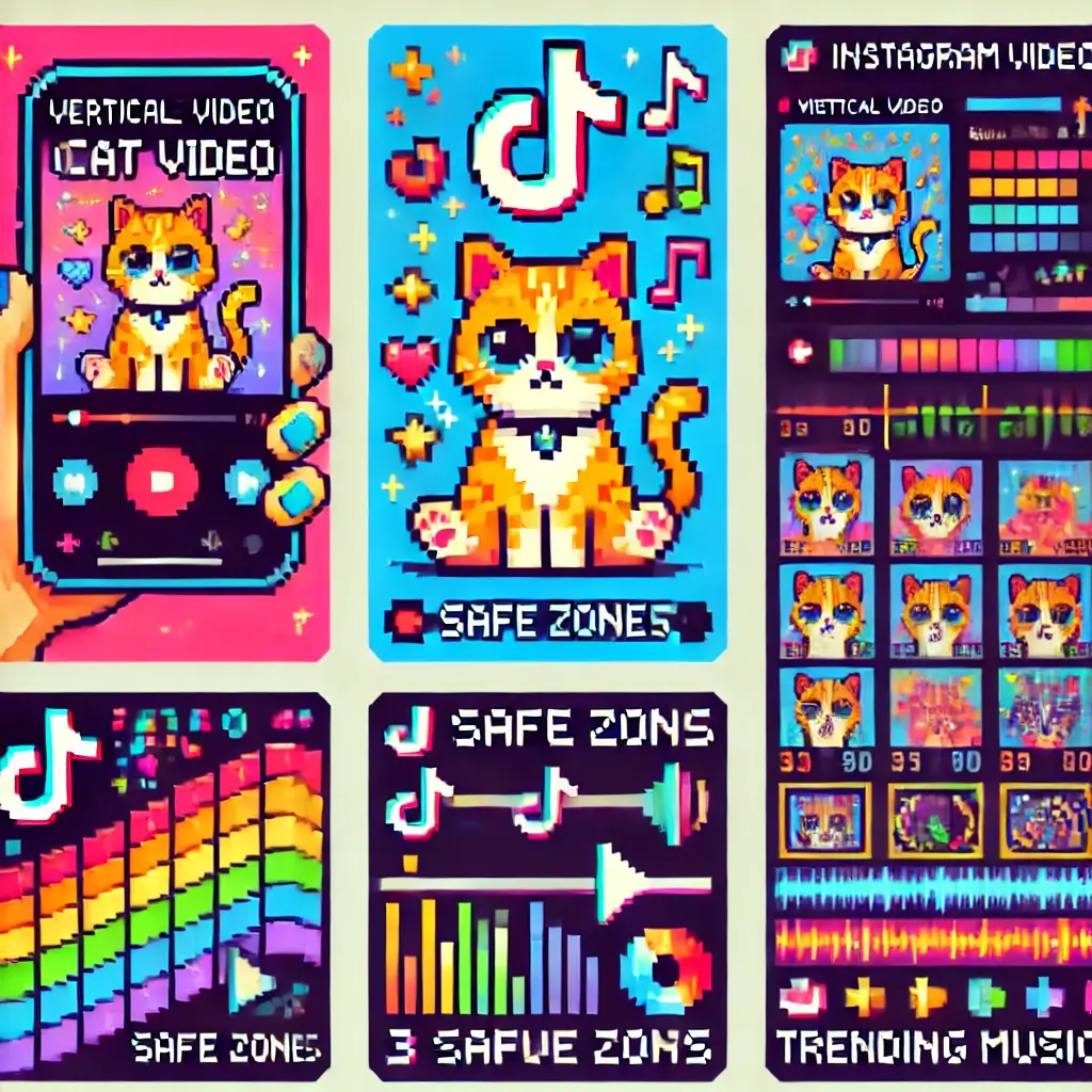 Pixel art of a vertical smartphone showing a cat video with captions, safe zone overlays, and bright editing effects for TikTok or Instagram Reels. Vertical Video Editing